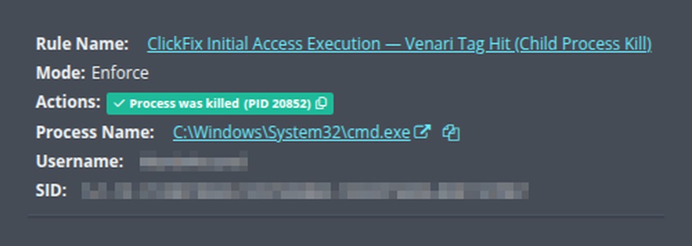 Huntress EDR alert panel for the Child Process Kill rule in Enforce mode showing cmd.exe PID 20852 killed, username and SID blurred.