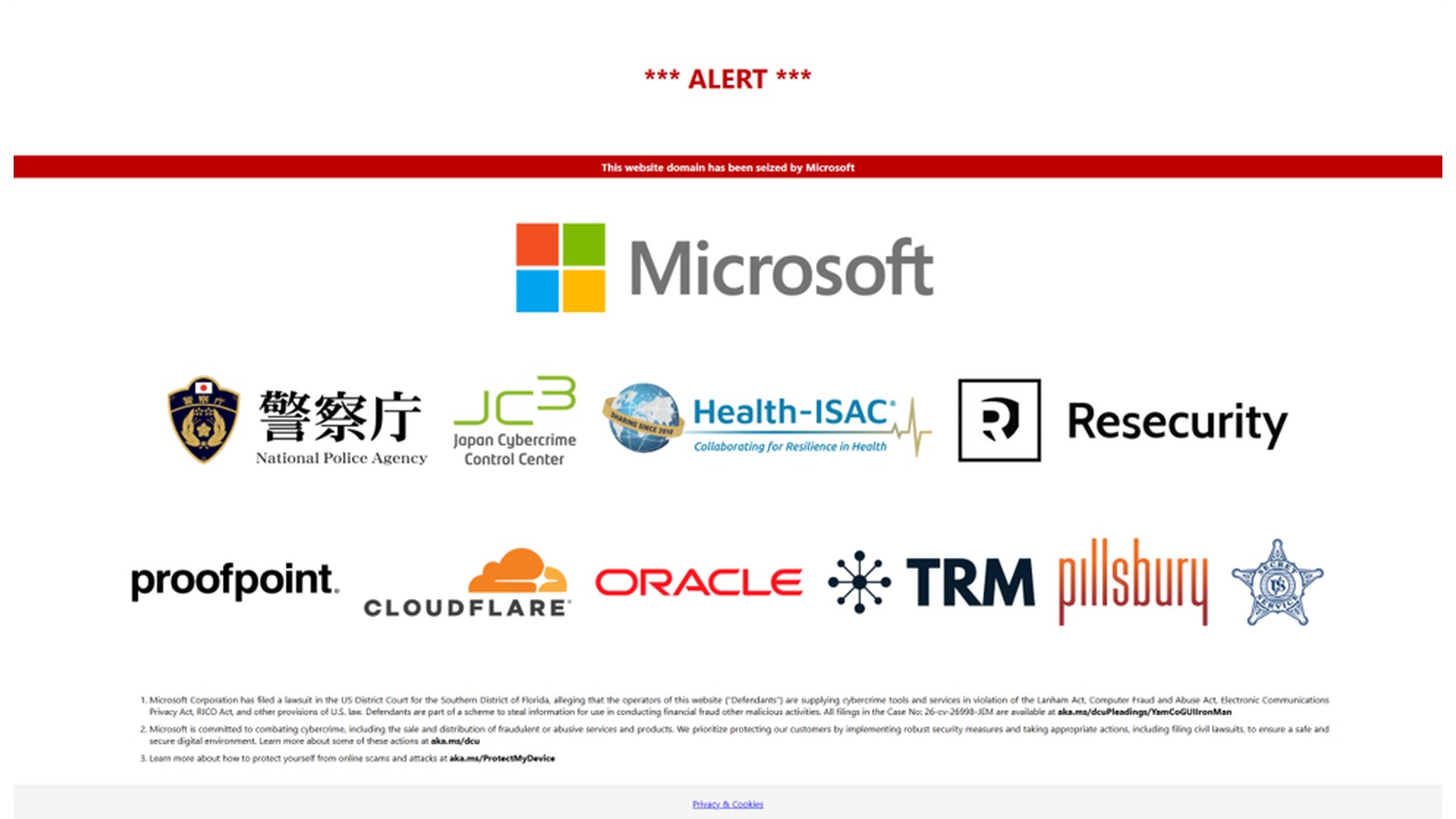 Microsoft domain seizure notice reading This website domain has been seized by Microsoft, with logos of Japan's National Police Agency, JC3, Health-ISAC, Resecurity, Proofpoint, Cloudflare, Oracle, TRM Labs and the U.S. Secret Service.