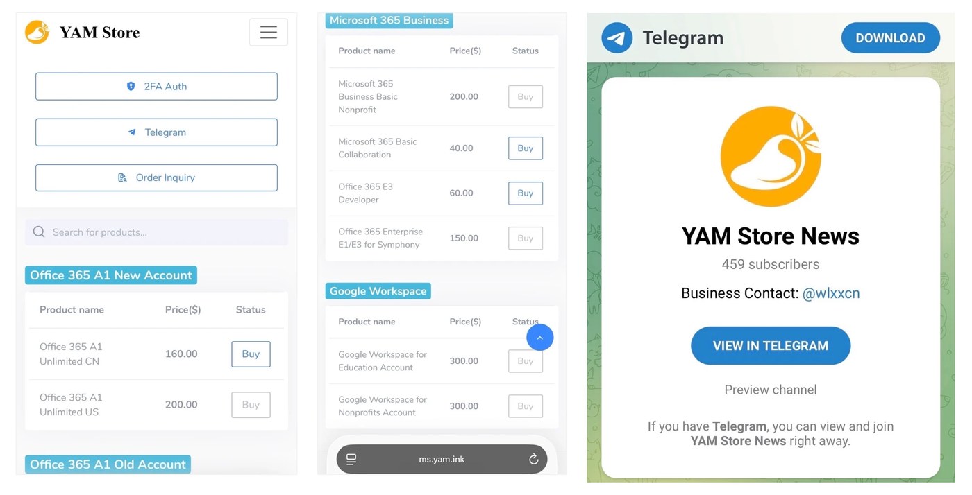YAM Store storefront listing Office 365 A1, Microsoft 365 Business and Google Workspace education and nonprofit accounts with prices, beside the YAM Store News Telegram channel page.