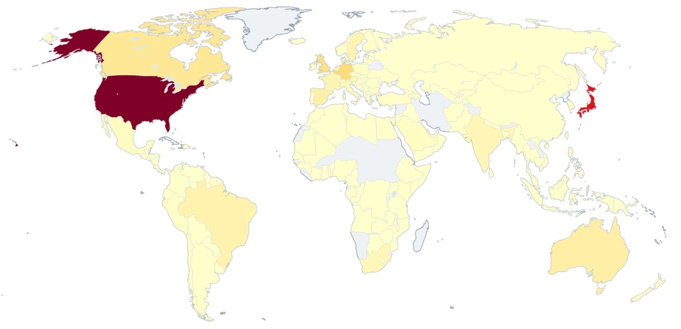 World heat map with the United States and Japan shaded darkest as the countries most affected by Storm-3119 and Storm-2990 activity.