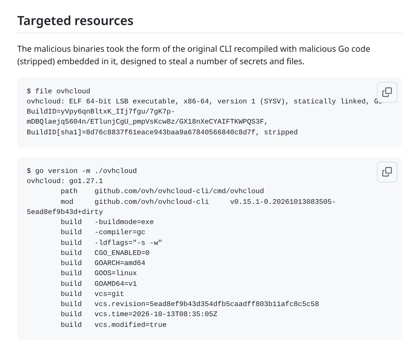 Screenshot of OVHcloud's advisory section Targeted resources, with the output of file and go version -m run against a malicious ovhcloud binary, showing a stripped Go 1.27.1 build with -ldflags="-s -w", module version v0.15.1-0.20261013083505-5ead8ef9b43d+dirty and vcs.revision 5ead8ef9b43d354dfb5caadff803b11afc8c5c58.