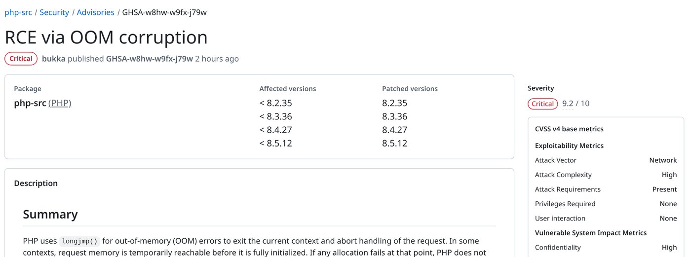 Screenshot of GitHub security advisory GHSA-w8hw-w9fx-j79w for php-src, "RCE via OOM corruption," rated Critical 9.2 out of 10, listing affected versions below 8.2.35, 8.3.36, 8.4.27 and 8.5.12 and those four releases as patched.