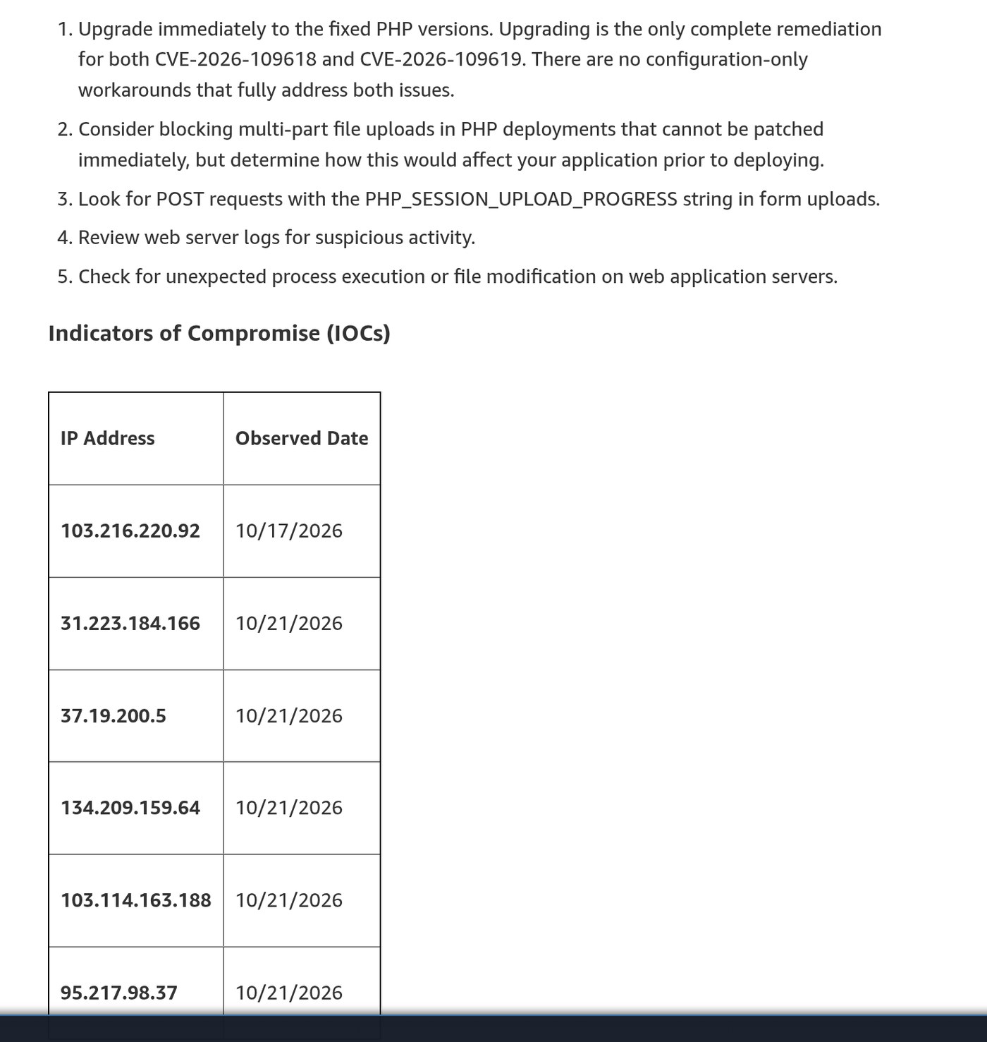 AWS Security Blog list of immediate recommended actions and an Indicators of Compromise table listing IP addresses 103.216.220.92 observed 10/17/2026 and 31.223.184.166, 37.19.200.5, 134.209.159.64, 103.114.163.188 and 95.217.98.37 observed 10/21/2026.