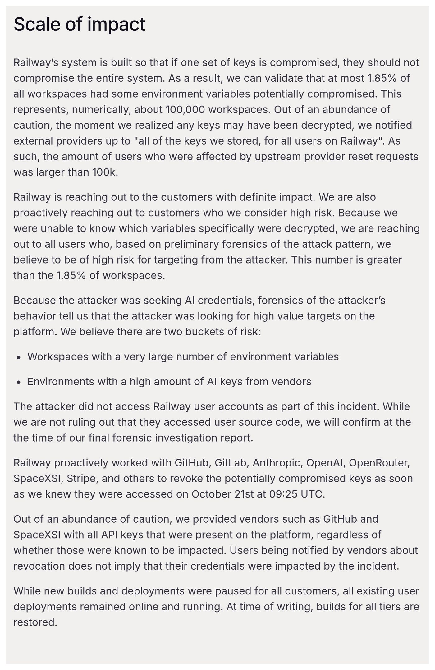 Railway's scale-of-impact section, stating at most 1.85% of workspaces, about 100,000, had environment variables potentially compromised and naming two higher-risk groups.
