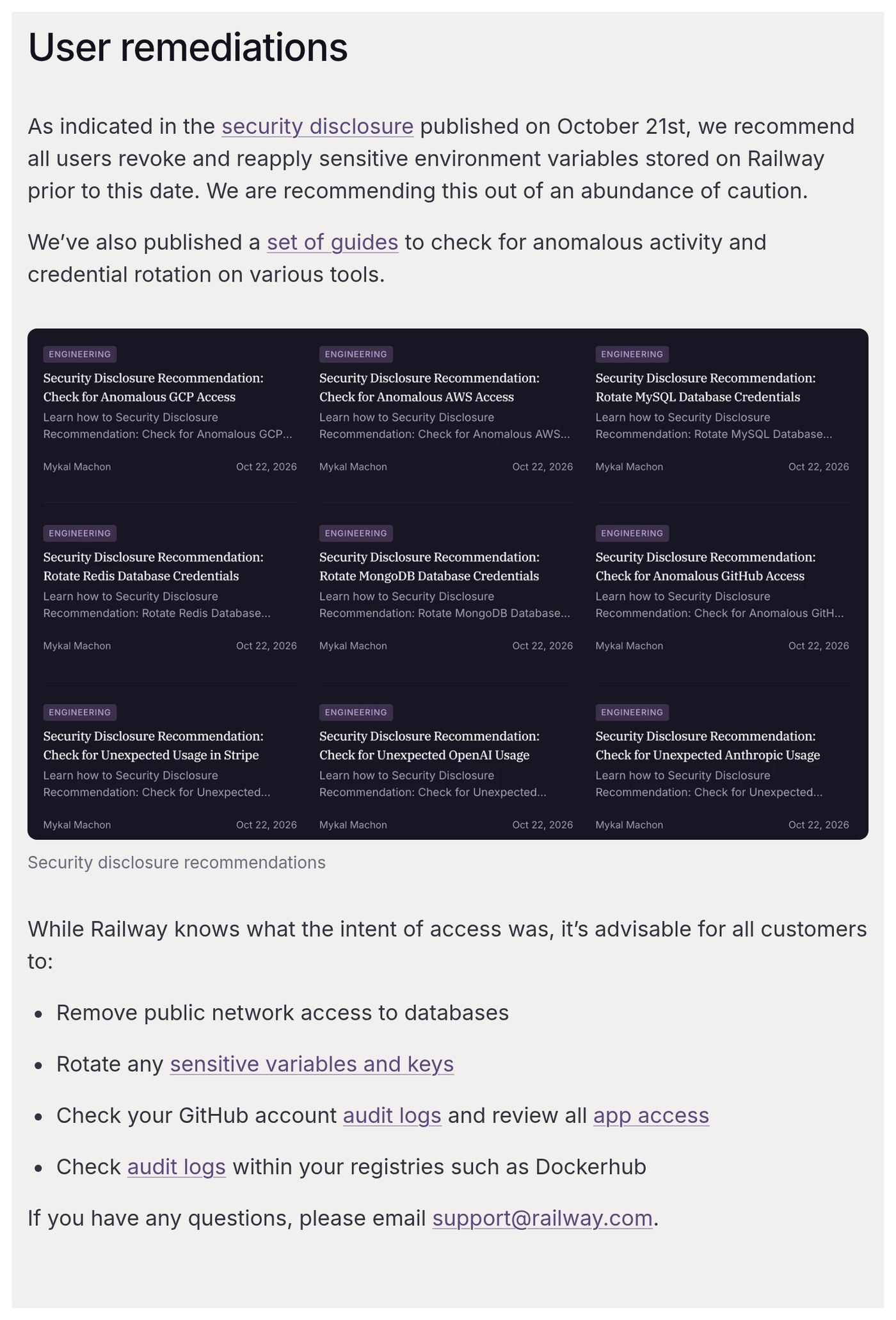 Railway's user remediation section recommending customers remove public database access, rotate sensitive variables and keys, and check GitHub and container registry audit logs.