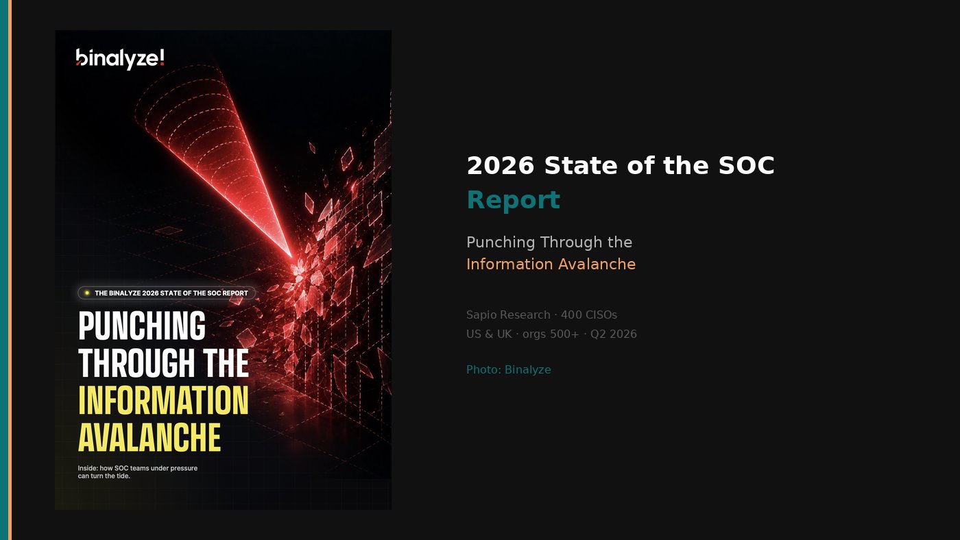 Cover of the Binalyze 2026 State of the SOC Report, Punching Through the Information Avalanche, on a dark desk canvas.