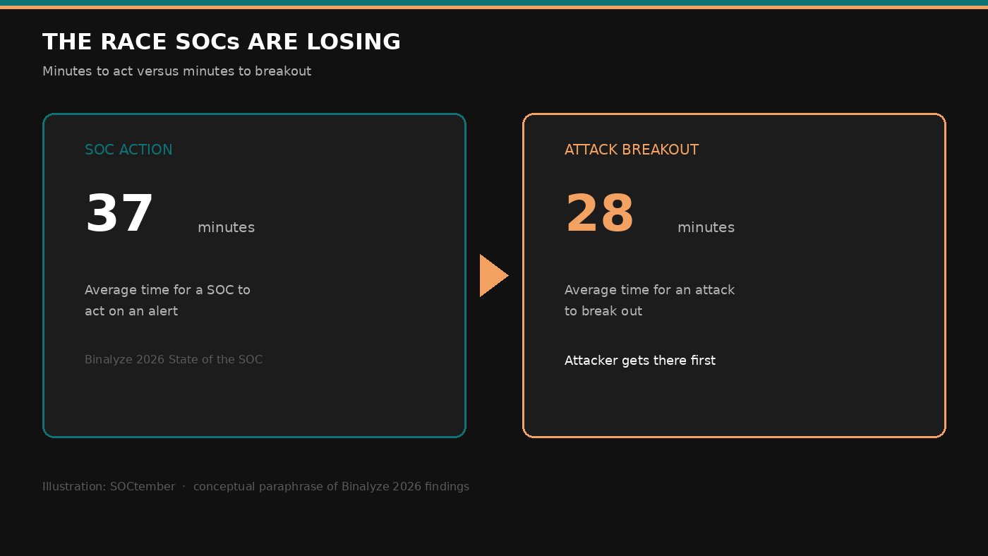 SOCtember illustration comparing 37 minutes for a SOC to act on an alert with a 28-minute attack breakout.