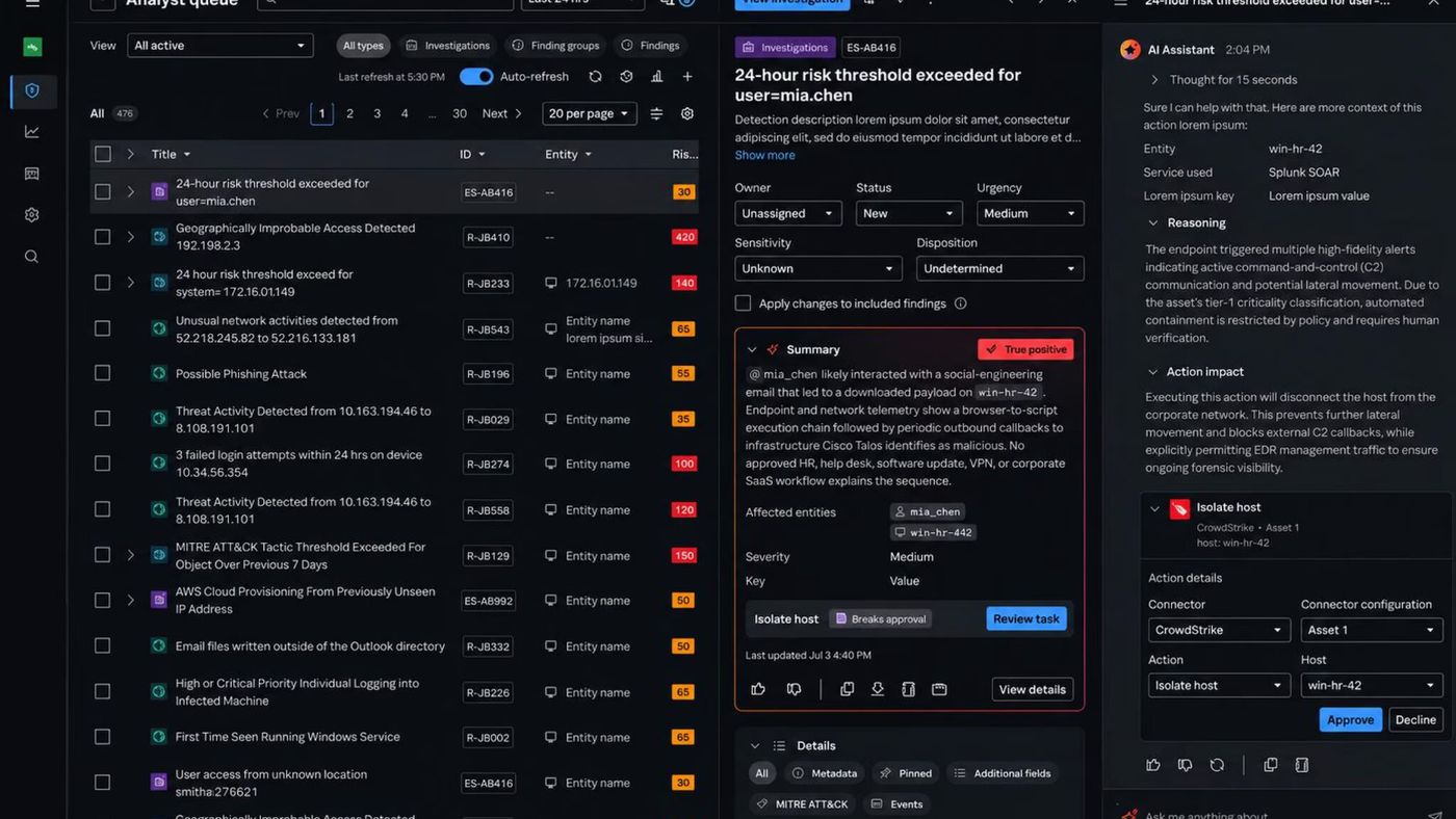 Splunk Enterprise Security product screen with an investigation summary and an isolate-host approve or decline control.