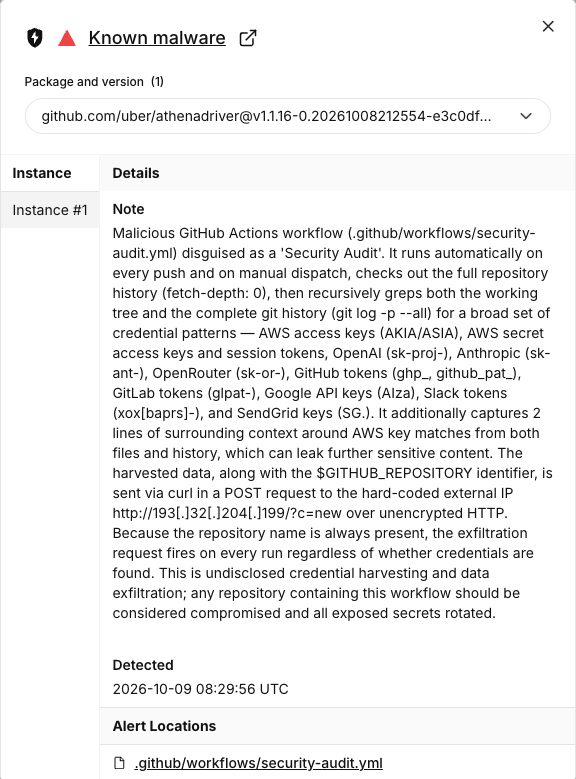 Socket malware alert describing GhostAction security-audit.yml credential patterns and exfil IP.