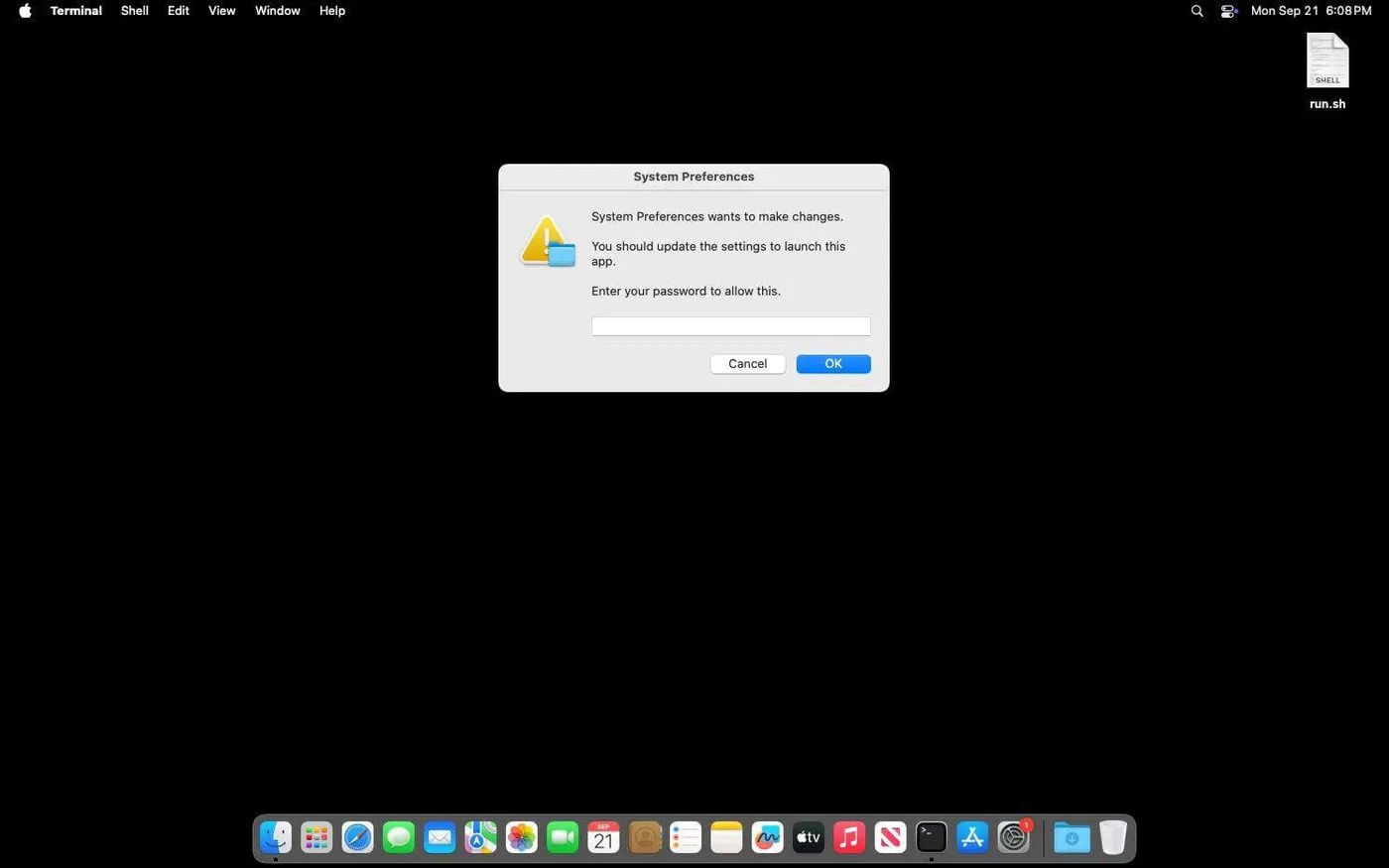 macOS dialog spoofed as System Preferences that asks for a password while a run.sh script sits on the desktop.