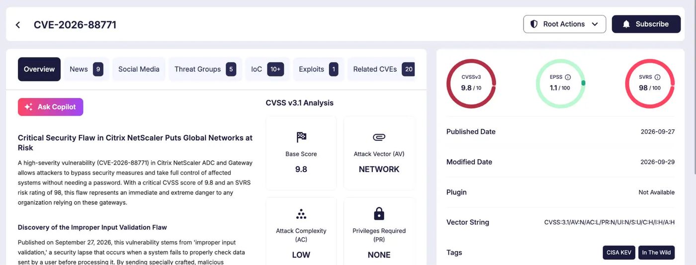 SOCRadar Vulnerability Intelligence card summarizing CVE-2026-88771 severity and description.