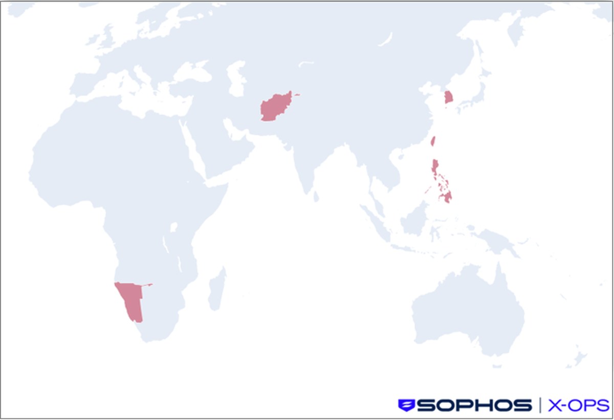 Sophos map of BRONZE SANDCASTLE victims between August 2025 and August 2026, highlighting Afghanistan, Namibia, Taiwan, the Philippines and South Korea.