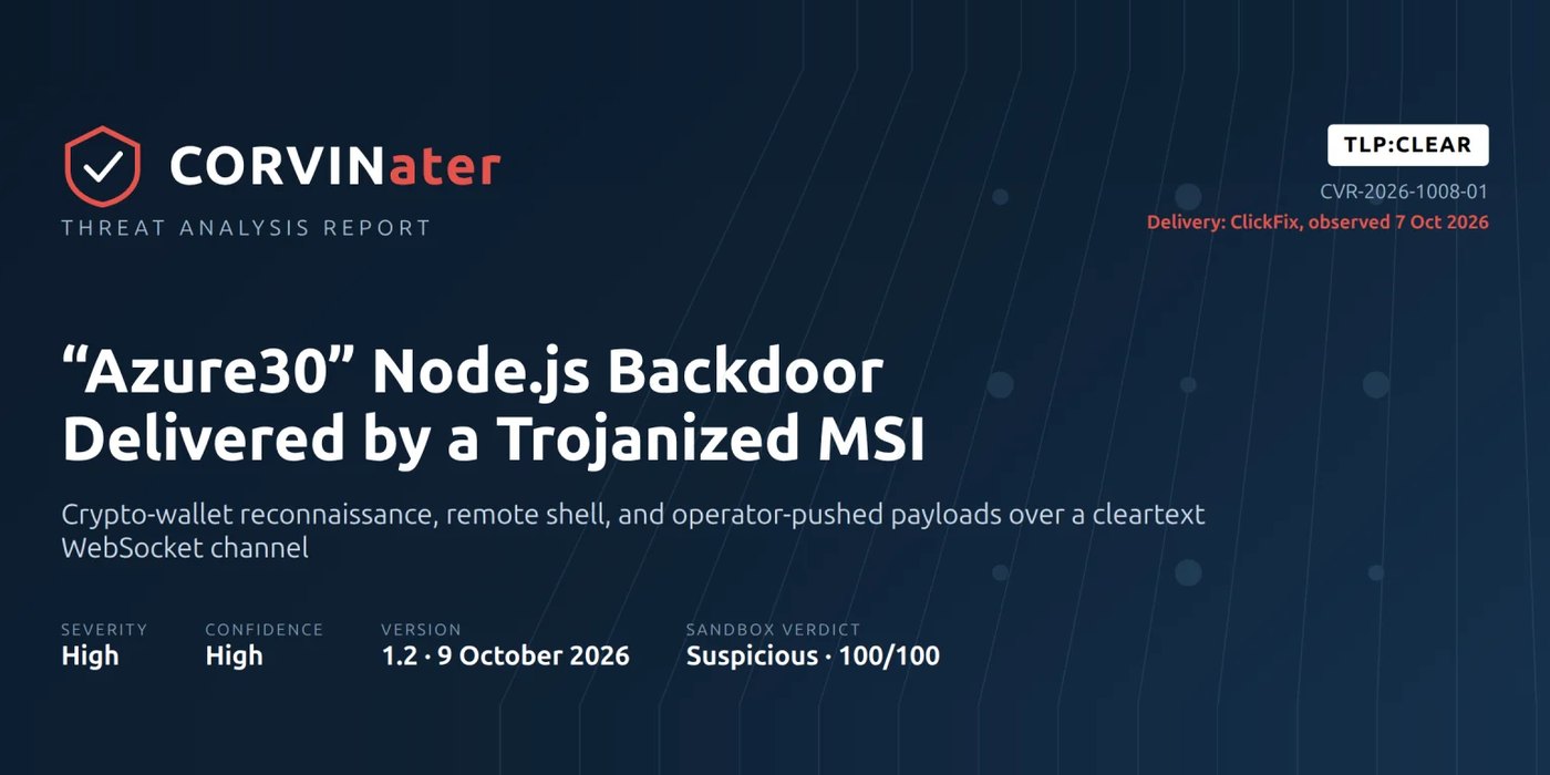CORVINater threat analysis report cover titled Azure30 Node.js Backdoor Delivered by a Trojanized MSI, marked TLP:CLEAR, delivery ClickFix observed 7 Oct 2026.