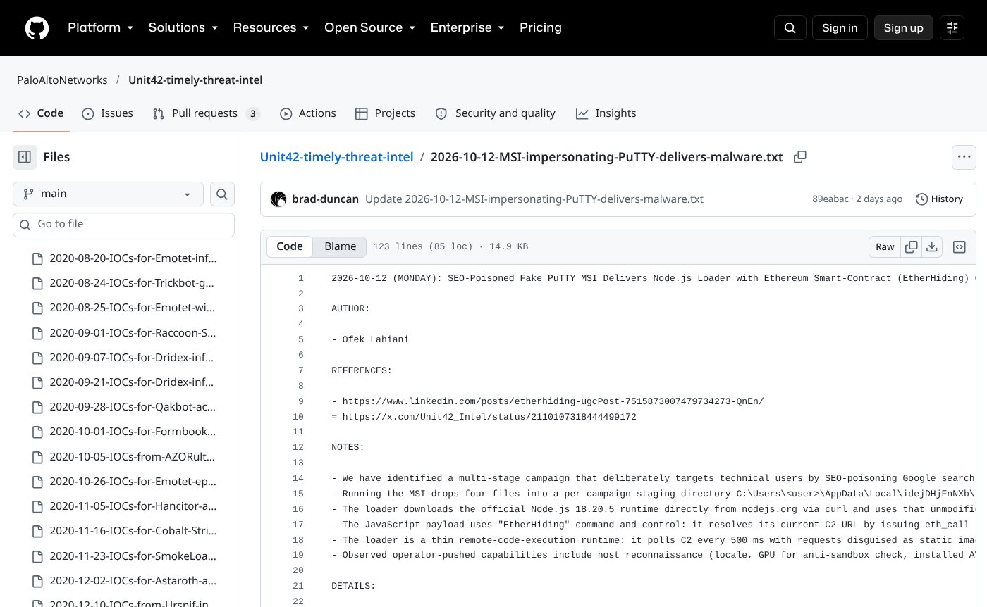 GitHub page for the PaloAltoNetworks Unit42-timely-threat-intel repository showing the fake PuTTY MSI threat note title, author Ofek Lahiani and references.