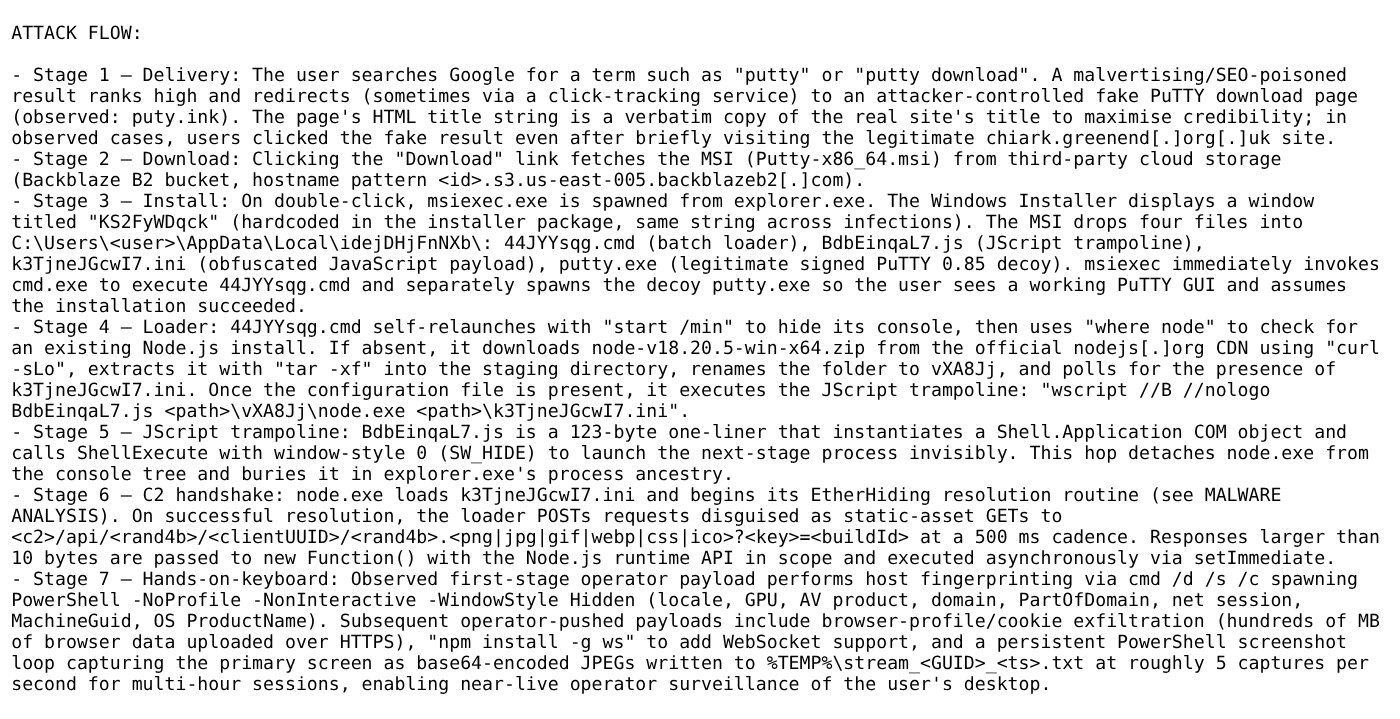 Unit 42 text listing seven attack stages from Google search delivery and Backblaze B2 download to the Node.js loader, EtherHiding C2 handshake and hands-on-keyboard activity.