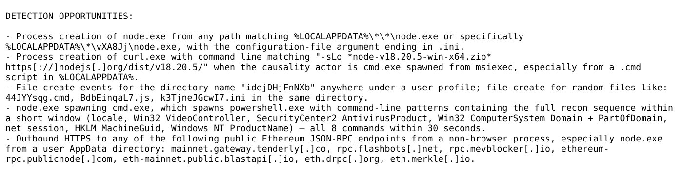 Unit 42 detection guidance covering node.exe in LocalAppData, curl downloading Node.js 18.20.5, idejDHjFnNXb file creation, a recon burst and non-browser Ethereum RPC traffic.