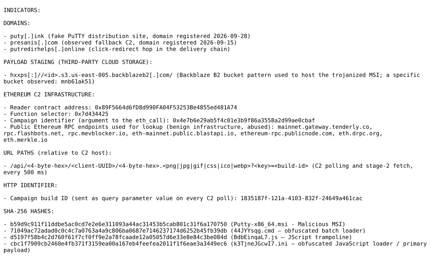 Unit 42 indicator list with puty.ink, presanis.com and putredirhelps.online domains, Backblaze bucket, Ethereum contract address, build ID and SHA-256 hashes.