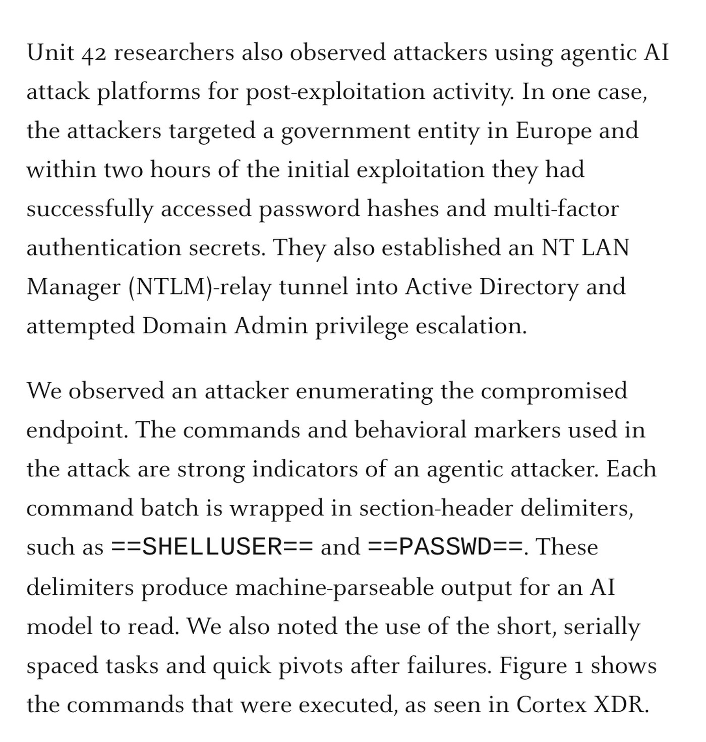 Unit 42's description of the agentic post-exploitation case, including the two-hour timeline and the ==SHELLUSER== and ==PASSWD== delimiters.