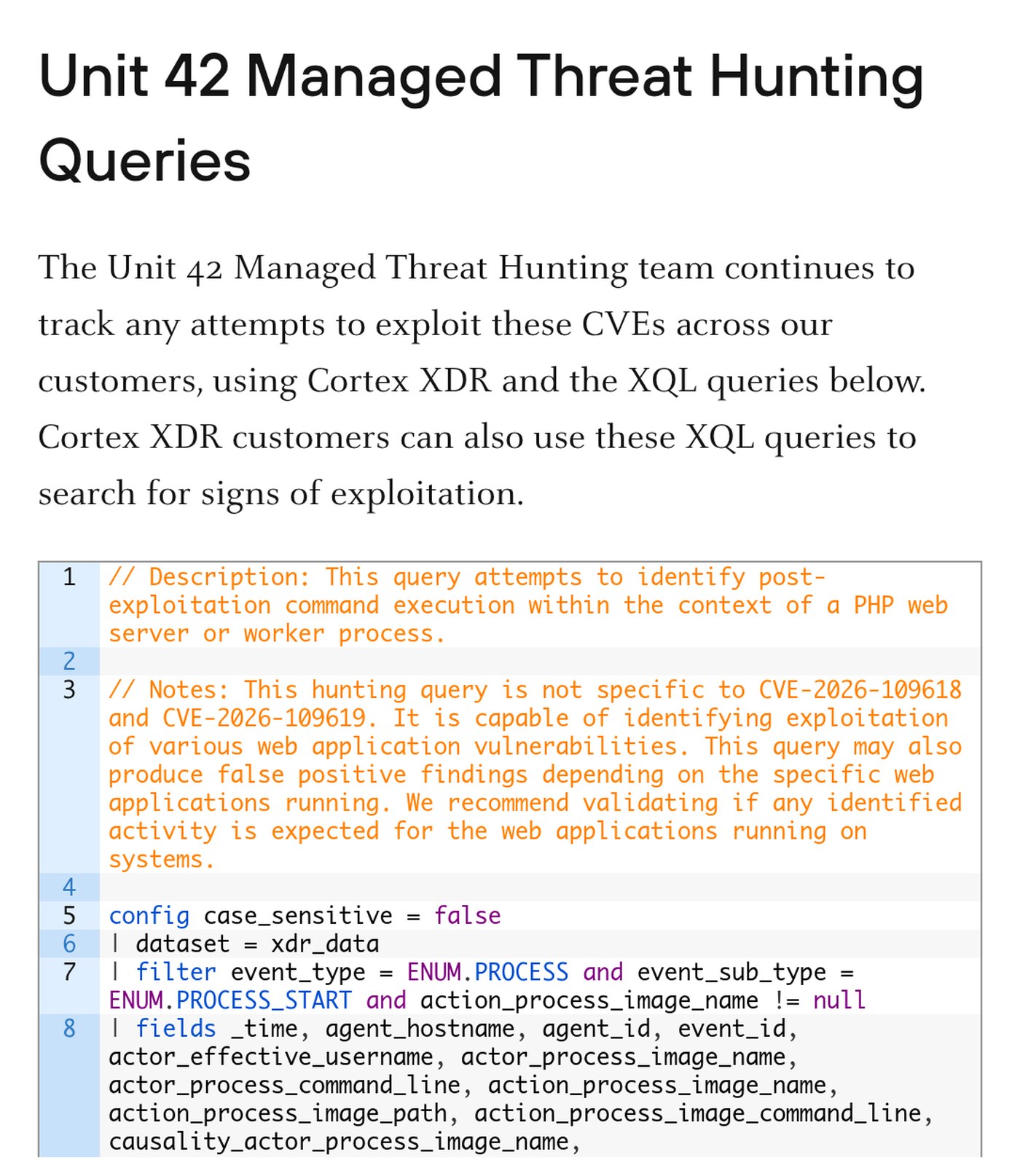 The opening lines of Unit 42's Cortex XDR hunting query for post-exploitation command execution from PHP web server or worker processes, including its false-positive note.