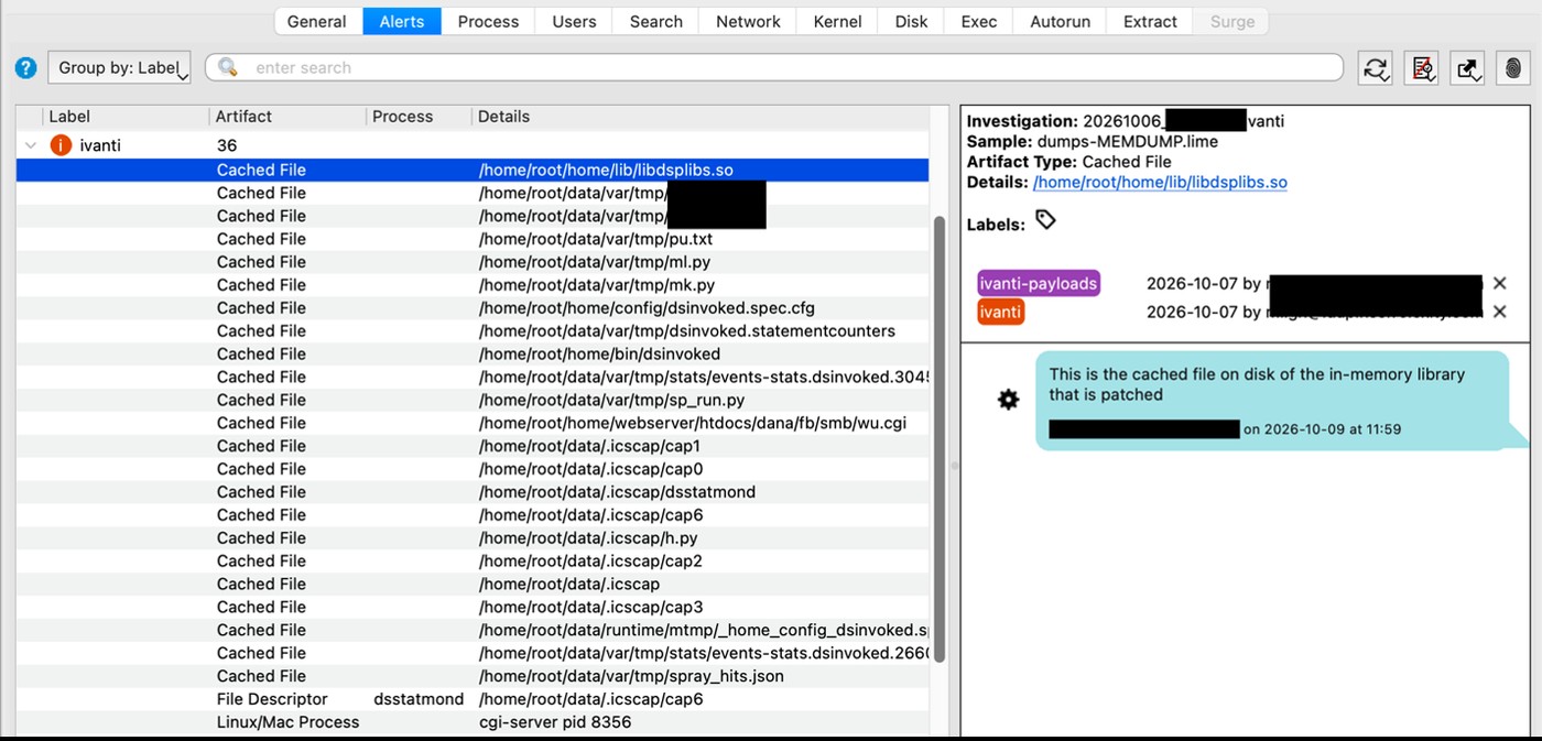 Volcano view listing cached files such as libdsplibs.so, wu.cgi, h.py, spray_hits.json and .icscap captures.