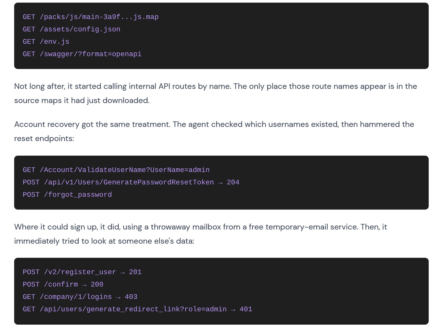 Wiz code blocks from HTTP access logs showing requests for a JavaScript source map, config.json, env.js and Swagger, username validation and password reset token calls, and a disposable-mailbox sign-up followed by requests for company 1's logins and an admin redirect link.