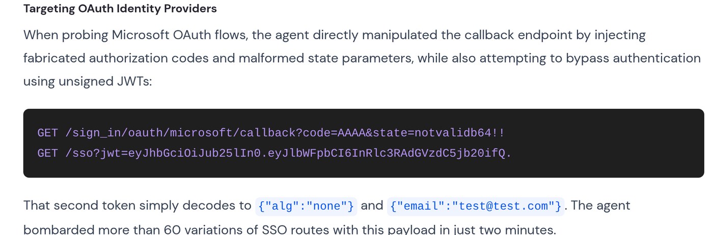 Wiz code block showing a Microsoft OAuth callback request with a fabricated code and an invalid state parameter, and an SSO request carrying an unsigned JWT that decodes to alg none and email test@test.com.