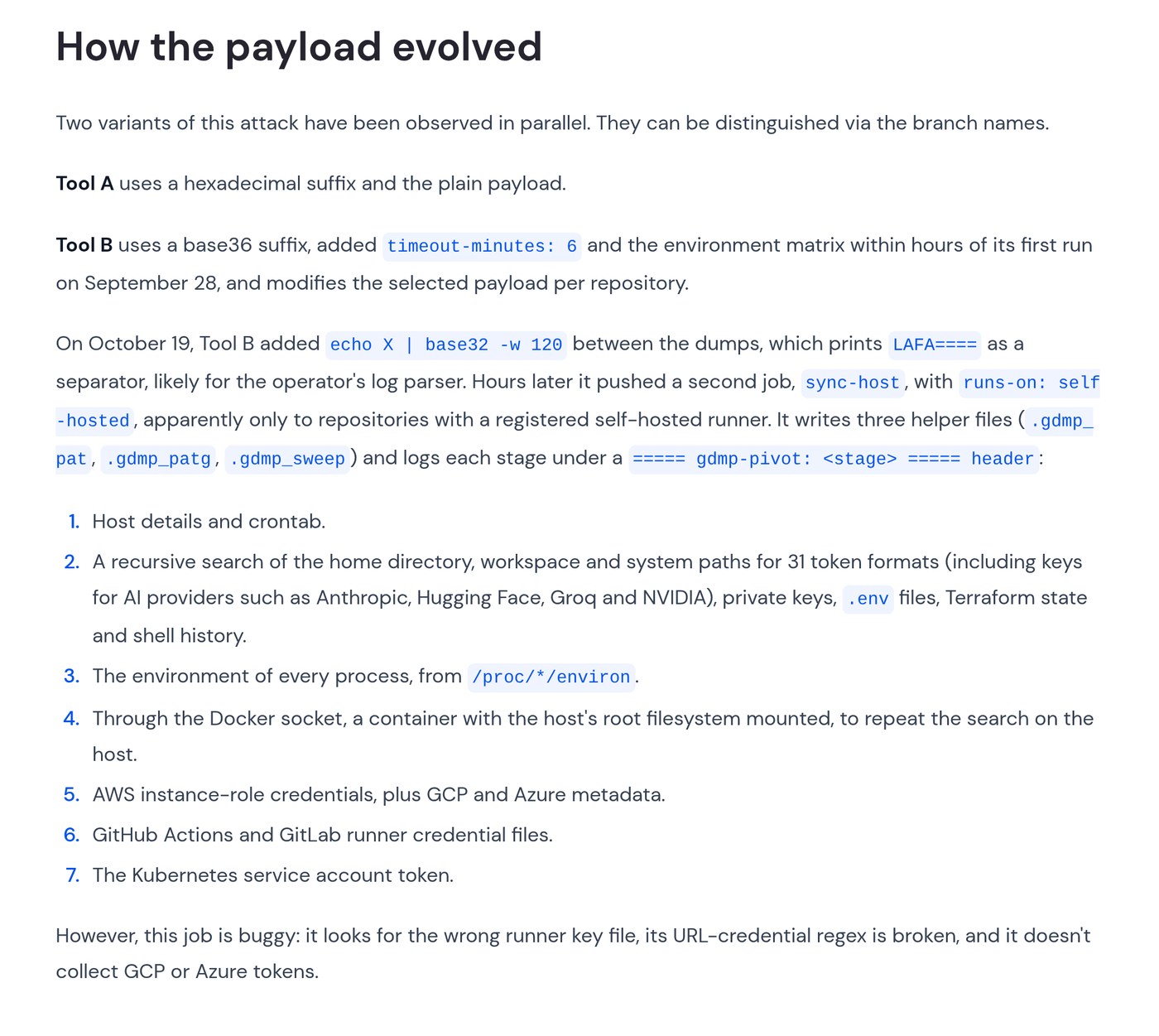 Screenshot of Wiz's How the payload evolved section, describing Tool A and Tool B, the Oct. 19 separator and sync-host job for self-hosted runners, the .gdmp helper files and gdmp-pivot log headers, and a seven-step list of what the job searches, ending with Wiz's note that the job is buggy.