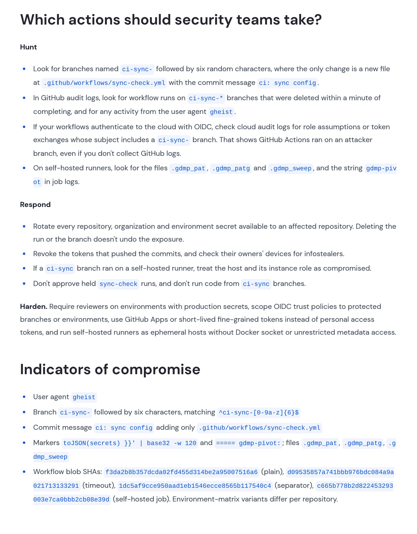 Screenshot of Wiz's Which actions should security teams take section, with Hunt, Respond and Harden guidance, followed by the Indicators of compromise list: the gheist user agent, the ci-sync branch pattern, the ci: sync config commit message, gdmp markers and helper files, and four workflow blob hashes.