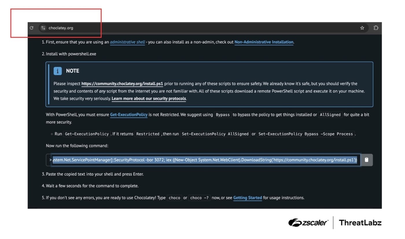 Zscaler screenshot of the fake Chocolatey installation page at choclatey.org, with the address bar boxed in red and a highlighted PowerShell install command.